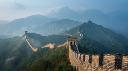 Great wall of china snaking through mountains