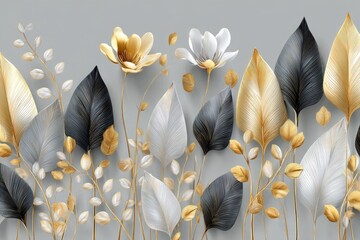 An elegant digital artwork depicts stylized flowers and leaves in gold, white, and gray tones against a neutral background. The composition is modern and artistic