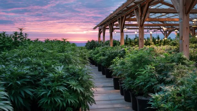 Golden-hour greenhouse panorama, marijuana plants flourishing in neatly arranged pots, warm sunset colors washing over the structure and creating a serene natural glow.