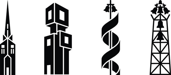 Set of four black tower designs for architectural landmarks and religious structure silhouette vectors.