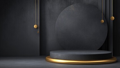 An elegant minimalist scene features a round dark pedestal with a golden ring, against a textured wall with hanging golden spheres