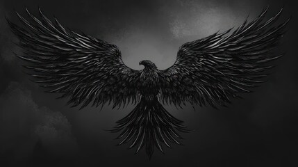 Dark, majestic eagle with outstretched wings against a smoky, textured background.