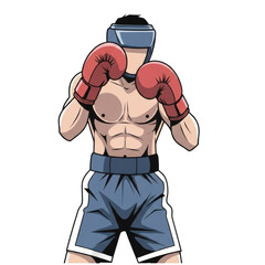 Muscular boxer in red gloves and blue shorts boxing