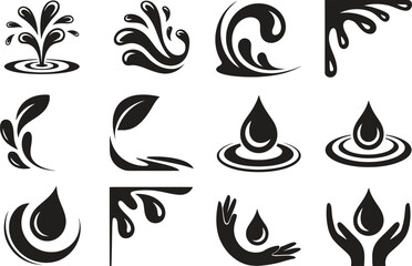 Liquid drop icon set, water splash and fluid motion symbols, flat black vector illustration isolated on white background