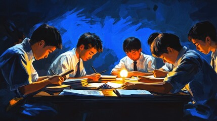 Night study session; students focused on books