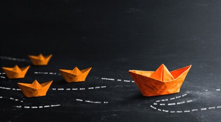 An orange paper boat leads a fleet of smaller boats along dotted lines on a dark chalkboard background