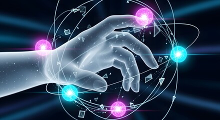 A translucent robotic hand interacts with glowing orbs and complex digital network pathways representing futuristic technology and data connectivity high quality