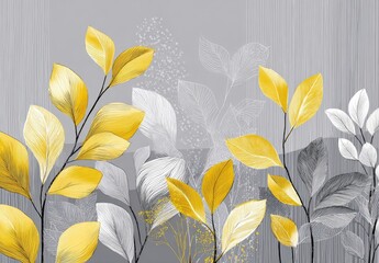 Artistic, abstract botanical illustration featuring gold and grey-toned leaves on a vertical, textured backdrop with linear accents
