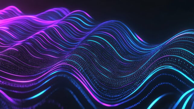 Abstract wavy lines of neon colors, data points, dark background - Powered by Adobe