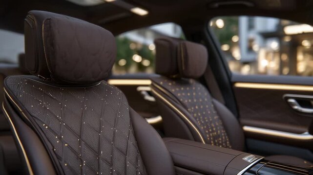 High-end S-class interior detail showing luxurious brown leather surfaces, meticulously stitched contours, and elegant metallic inlays illuminated by warm cabin lighting
