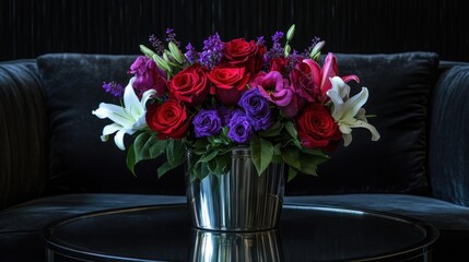Vibrant floral arrangement in a metallic vase, featuring red, purple, and white flowers, displayed on a dark table, in front of a dark velvet sofa.