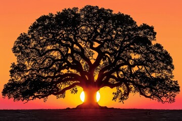 A majestic tree silhouetted against a vibrant sunset, showcasing intricate branches and a warm glow, symbolizing nature's beauty and tranquility.