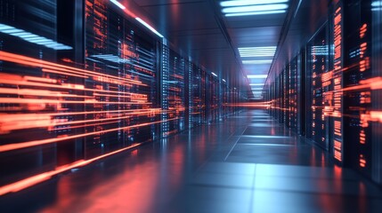 Futuristic server room with glowing data streams