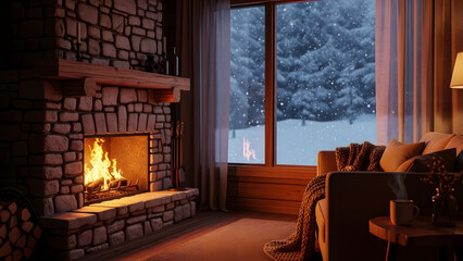 Cozy living room with a warm fireplace and snow falling outside a large window.