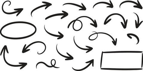 Hand drawn arrow icon set, sketch doodle direction symbols, black vector illustration isolated on white background