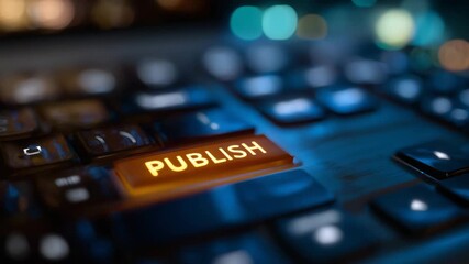 Keyboard close-up with orange Publish key glowing prominently, surrounding keys in deep blue, visual emphasis on action, blog updates, and publishing workflow