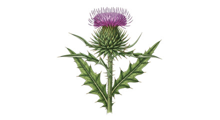 Purple Thistle Flower with Green Spiky Leaves on Black