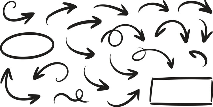 Hand drawn arrow icon set, sketch doodle direction symbols, black vector illustration isolated on white background