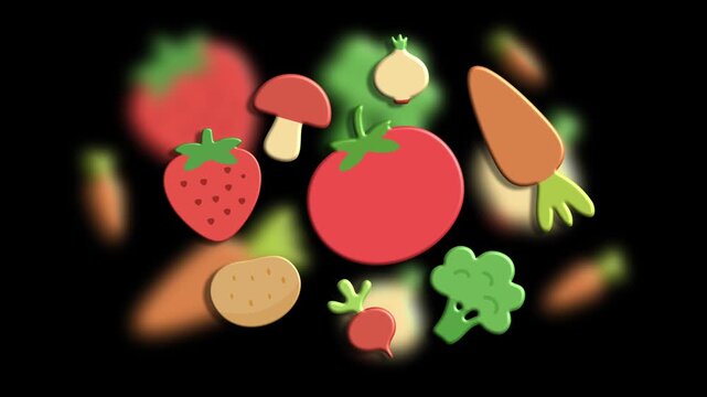 Flying fresh fruits and vegetables on black background dynamic concept