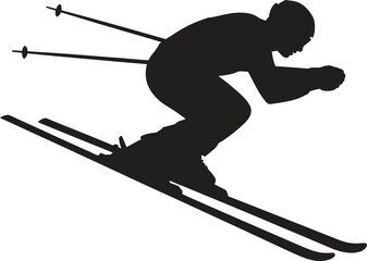 Skiing silhouette icon, professional skier winter sport pose, flat black vector illustration isolated on white background