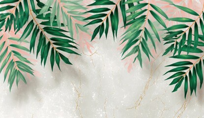 Botanical illustration of palm fronds in varying shades of green and blush pink layered over a textured, marble-like backdrop