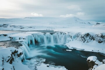 Snow-covered waterfall in a frozen landscape with icy cliffs and distant mountains under a cloudy sky