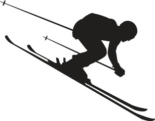 Skier silhouette icon, downhill skiing winter sport action, flat black vector illustration isolated on white background