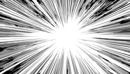 Black and white manga-style burst emanating from center with various line thickness and some textured edges. Graphic