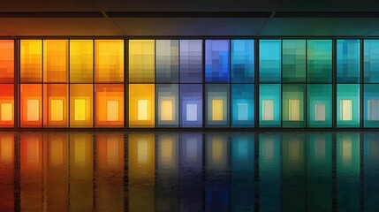Vibrant geometric rainbow window panels with reflection in modern architecture design