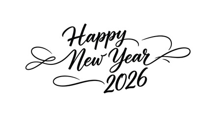 Elegant black and white calligraphy design displaying a happy new year 2026 greeting message