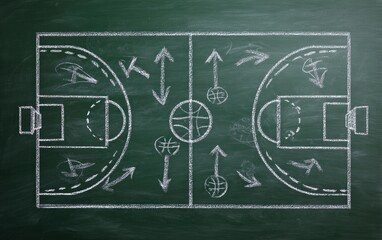Chalkboard illustration of a basketball court with a play diagram, showing arrows and ball positions for strategic gameplay