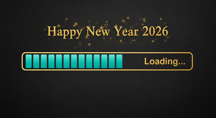Image with loading bar and "Happy New Year 2026" text on black background. It represents waiting for a new beginning or future anticipation