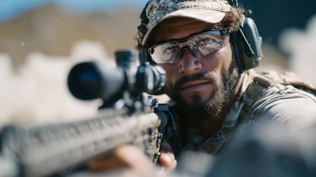 Man aims rifle precisely at shooting range targets, wearing ear protection, safety glasses, and cap, focus and concentration visible as he lines up a perfect shot