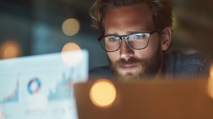 Man working on laptop while analyzing data in an office setting during evening hours