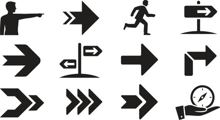 Navigation arrow icon set, progress movement and direction symbols, flat black vector illustration isolated on white background