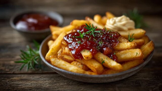 Metal bowl with golden fries, ketchup generously applied, mayonnaise dip on side, shallow depth of field emphasizing crispy fries and glossy condiments for social media food photog