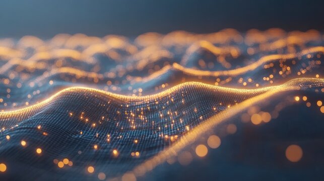 Abstract digital landscape with glowing orange waves - Powered by Adobe