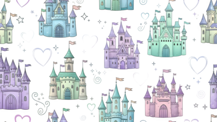 Fairy Tale Castles Seamless Pattern with Pastel Tones and Stars