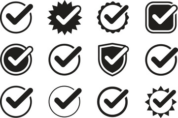 Check mark symbol icon set, verified approval and quality badges, flat black vector illustration isolated on white background
