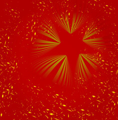 On a bright red background there is a star and many golden flying elements.