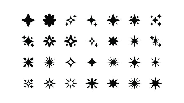 A collection of 25 black star and sparkle icons arranged in a 5x5 grid on a white background.  
