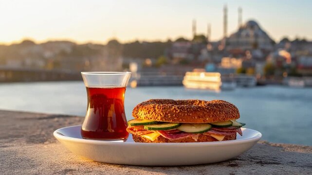 A classic sandwich served with Turkish tea by the Bosphorus at sunset, capturing Istanbul street food culture and a relaxed urban dining atmosphere.