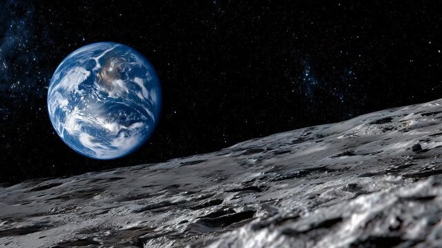 Moon&rsquo;s cratered surface stretching to horizon, Earth floating brilliantly in the distance, starry void surrounding, emphasizing human perspective in vast space