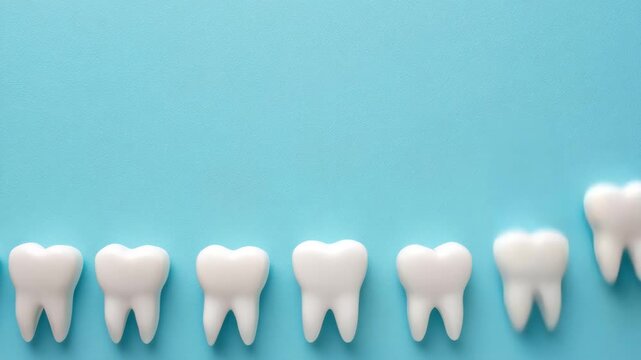Stop motion animation of healthy white teeth moving up and down on a seamless blue background, copy space
