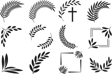Palm leaf decorative icon set, religious frames and Christian symbols, flat black vector illustration isolated on white background