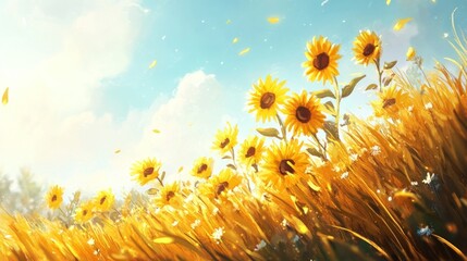 Sunlit sunflowers in a golden field, petals falling.
