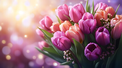 Obraz premium Bright tulip flowers in a bouquet arranged with soft light in the background during springtime mother's day, women's day