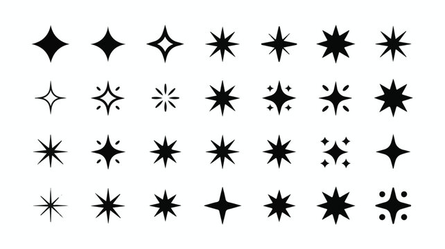 A collection of 25 black star and sparkle icons arranged in a 5x5 grid on a white background.  