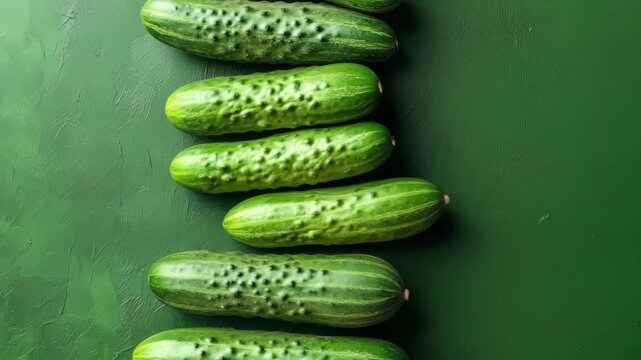 Freshly picked green cucumbers arranged in a row on a dark green textured surface with copy space