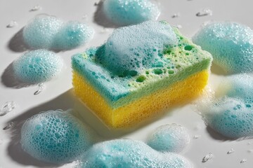 Close-up of a colorful sponge surrounded by frothy, light blue bubbles against a bright white background
